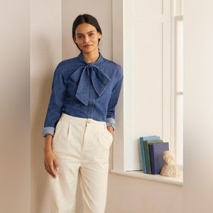 Tie-Neck Soft Denim Blouse